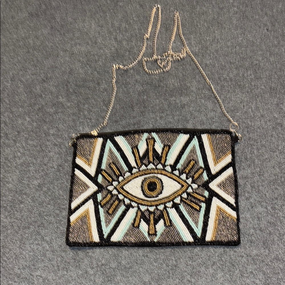 Beaded Eye Design Clutch with Chain size 9.5 by 6.5 inches